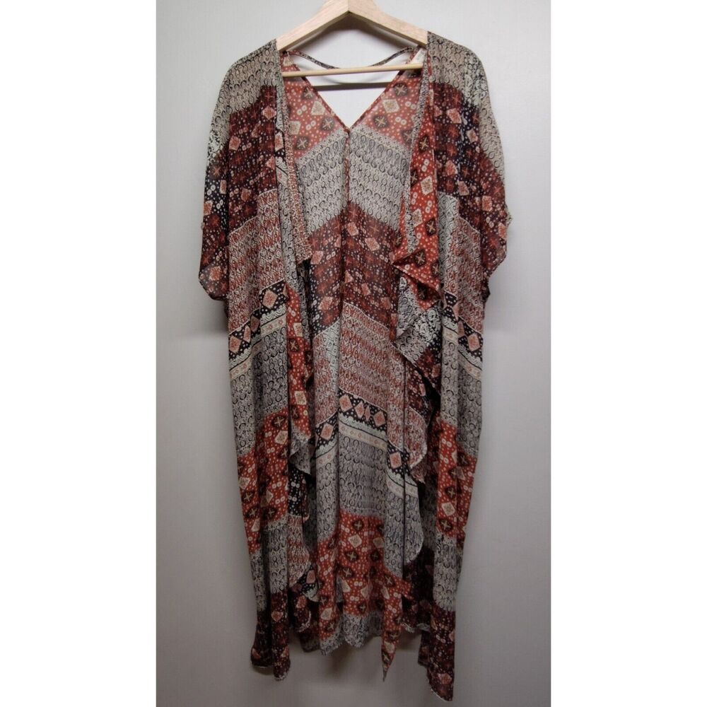 Umgee Kimono Tunic Wome Size S/M Tan Orange Floral Bohemian Open Beachy Casual